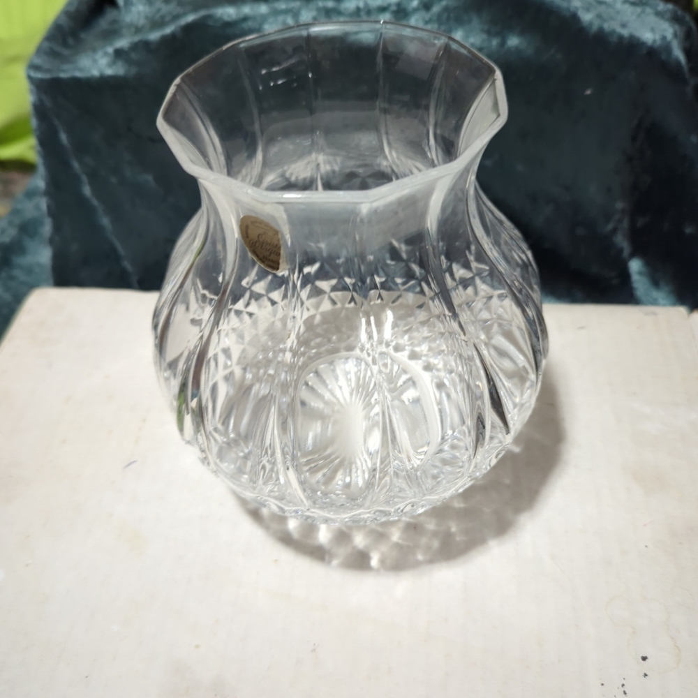 Antique Diamond Cut 6.5" Vase 12 Sided Rim Lead Crystal France Cristal d'Arque